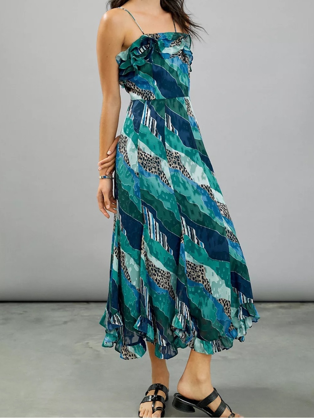 Anthropologie Hutch Ondine Ruffled Maxi Dress Blue Abstract Print Romantic Sz 2